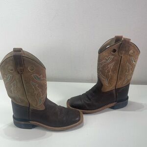 Old West BSC1819 Brown Teal Leather Pull On Square Toe Western Boots Kids 2.0 D